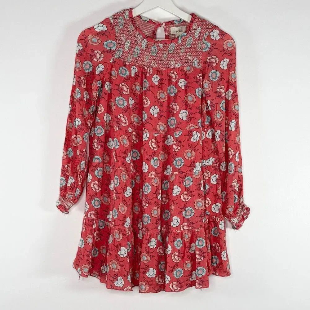 Peek Smocked Muted Pink Floral Drop Waist Keyhole - US Kids M (10)